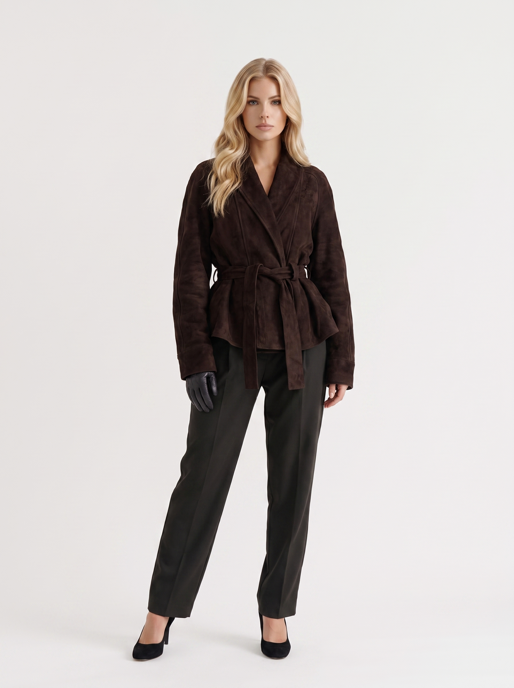 Women dark brown jacket with shawl collar and wrap front