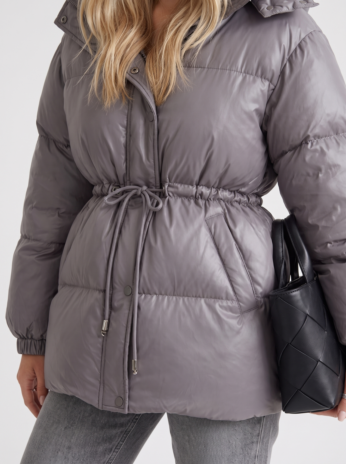 Women dark gray jacket with hooded design and zip front closure