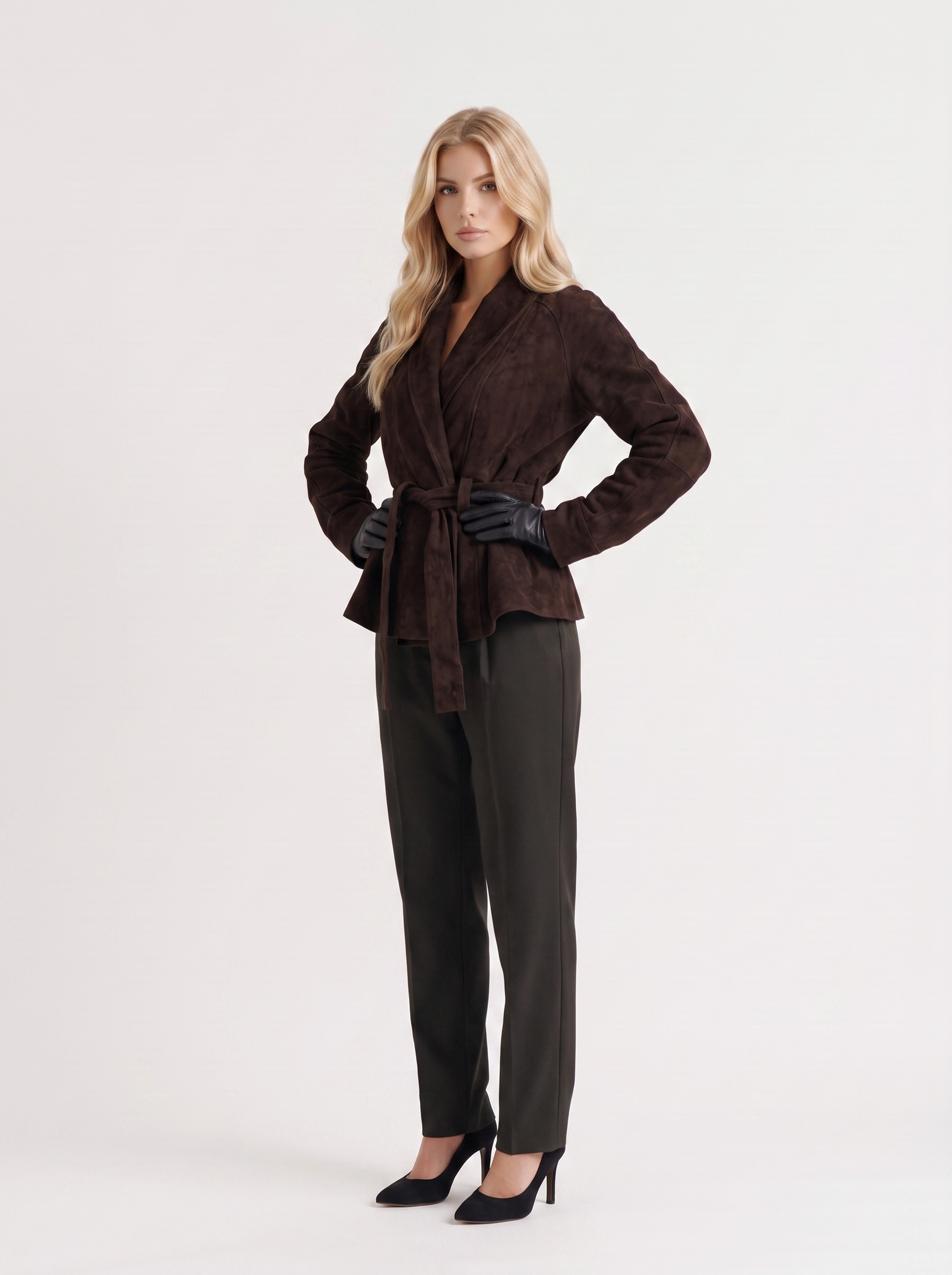 Women dark brown jacket with shawl collar and wrap front