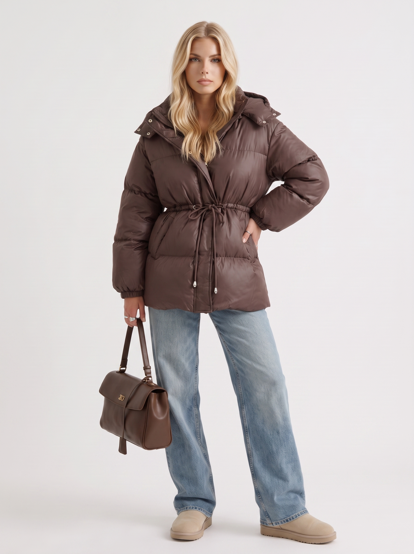 Women brown jacket with hooded design and zip front closure