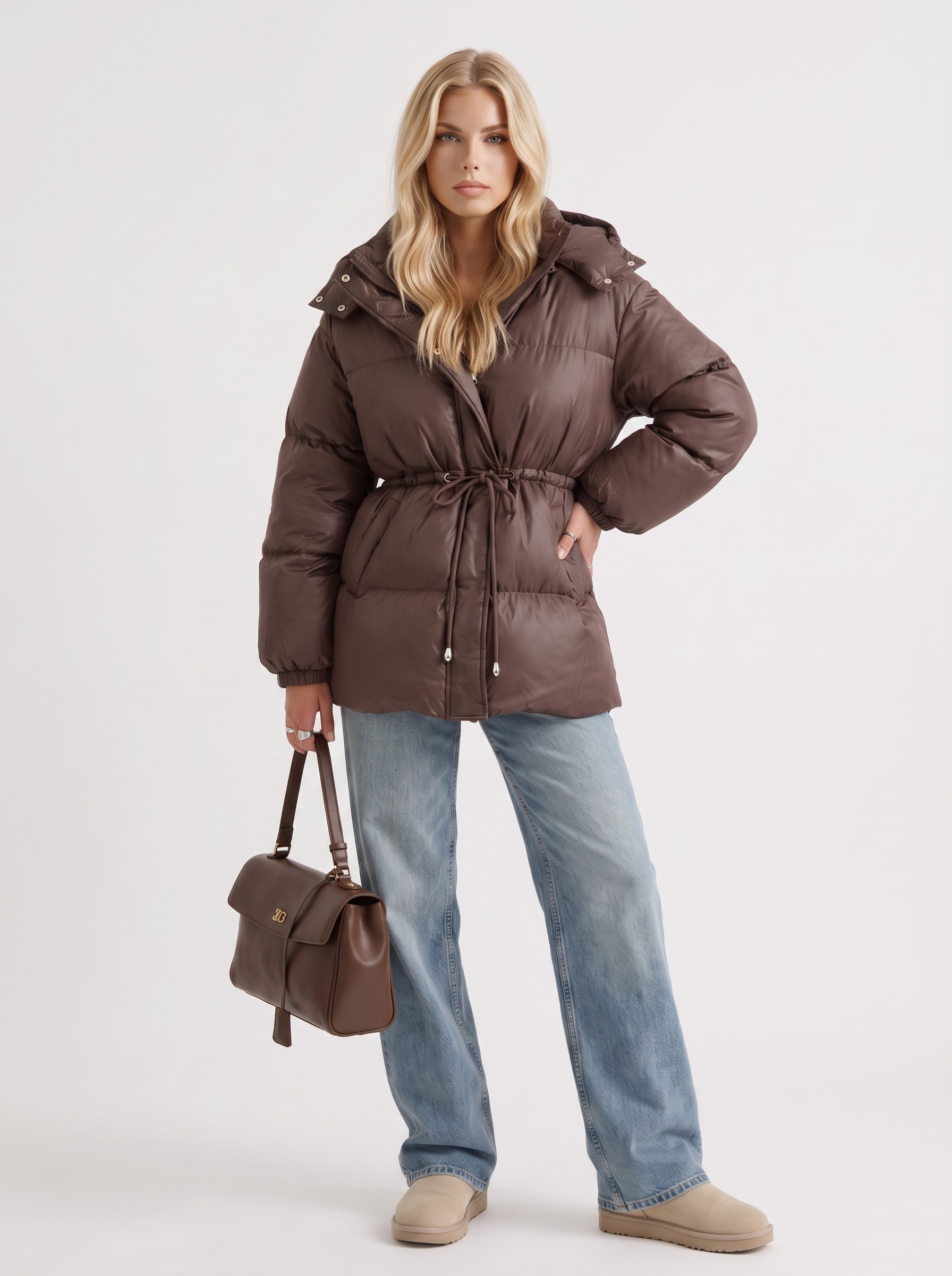 Women brown jacket with hooded design and zip front closure