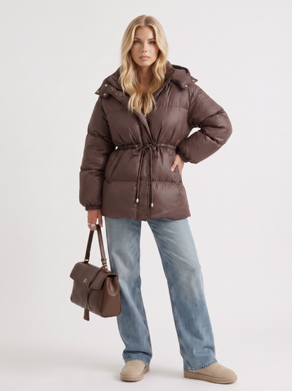 Women brown jacket with hooded design and zip front closure