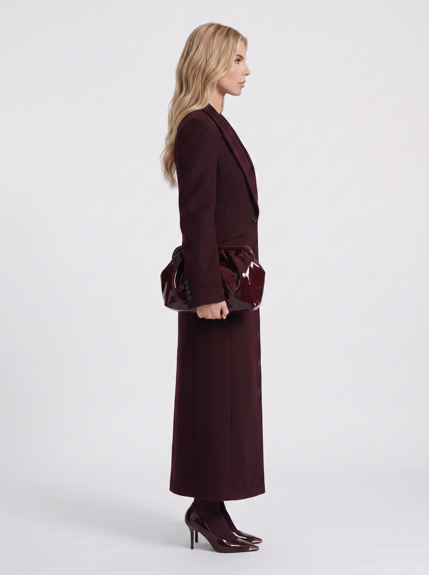 Mabel Longline Coat in Burgundy - coat front view