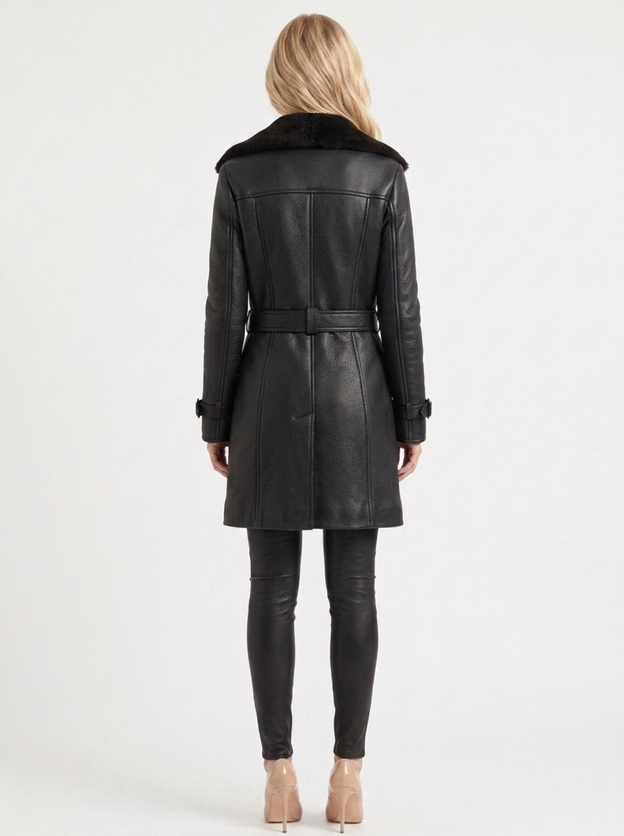 Women black coat with shearling collar and double breasted front
