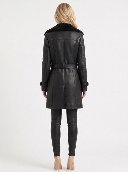 Women black coat with shearling collar and double breasted front