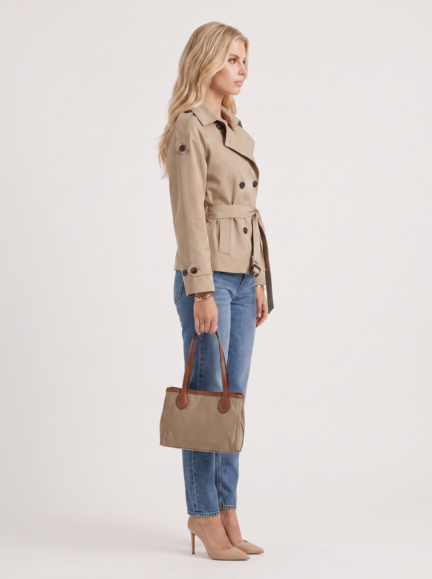 Yara Belted Trench in Khaki - coat front view