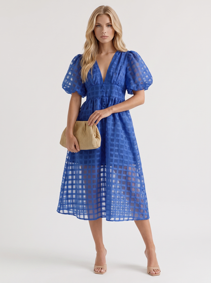 Colette Windowpane Midi Dress in Blue - midi dress front view