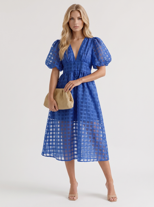 Colette Windowpane Midi Dress in Blue - midi dress front view