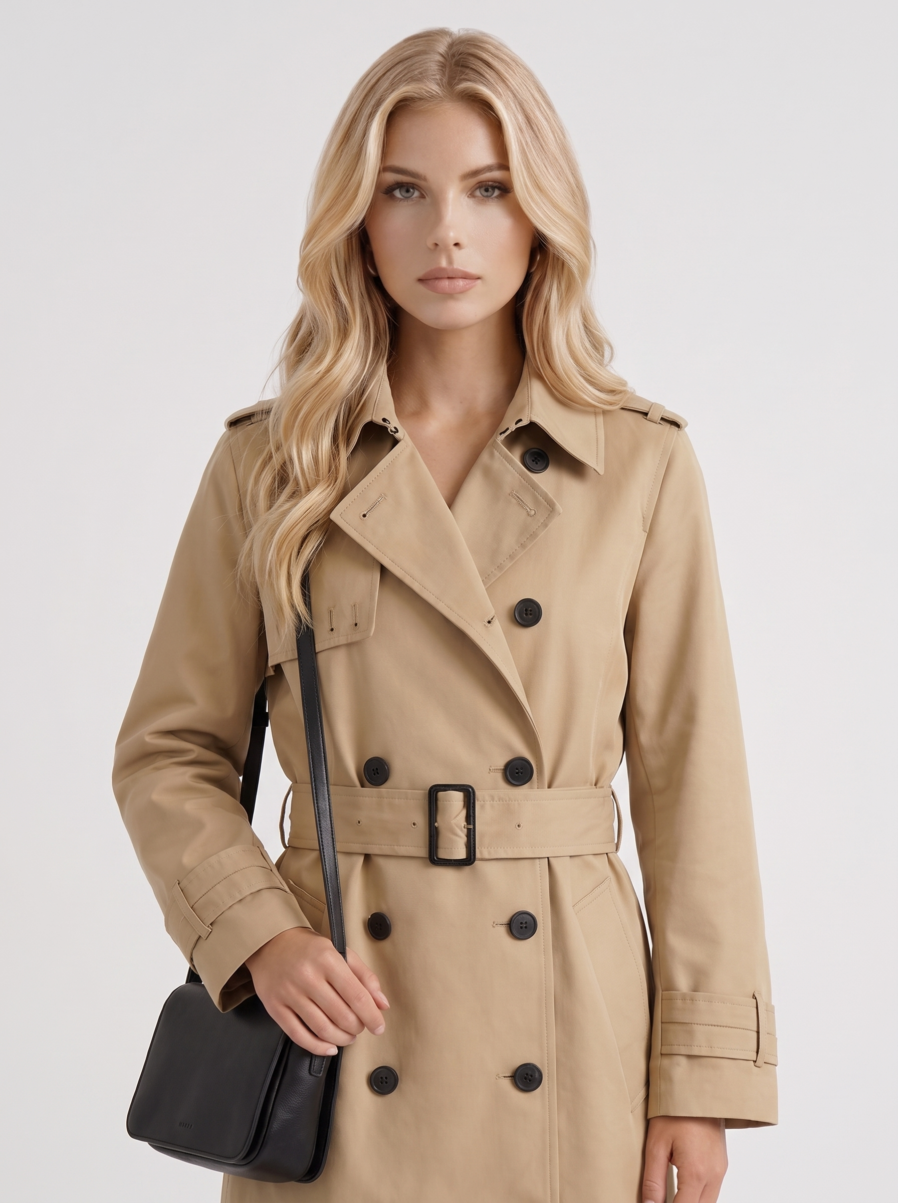 Women beige trench coat with double breasted front and collar and epaulettes