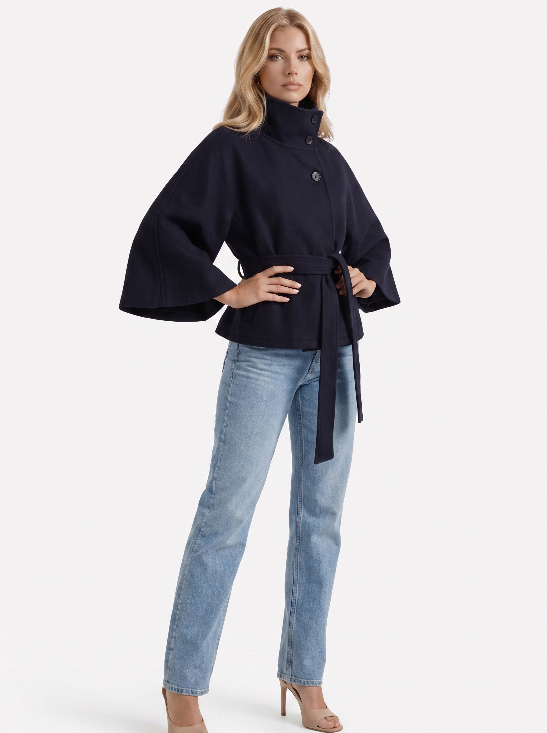 Josephine Cape Coat in Navy - coat front view