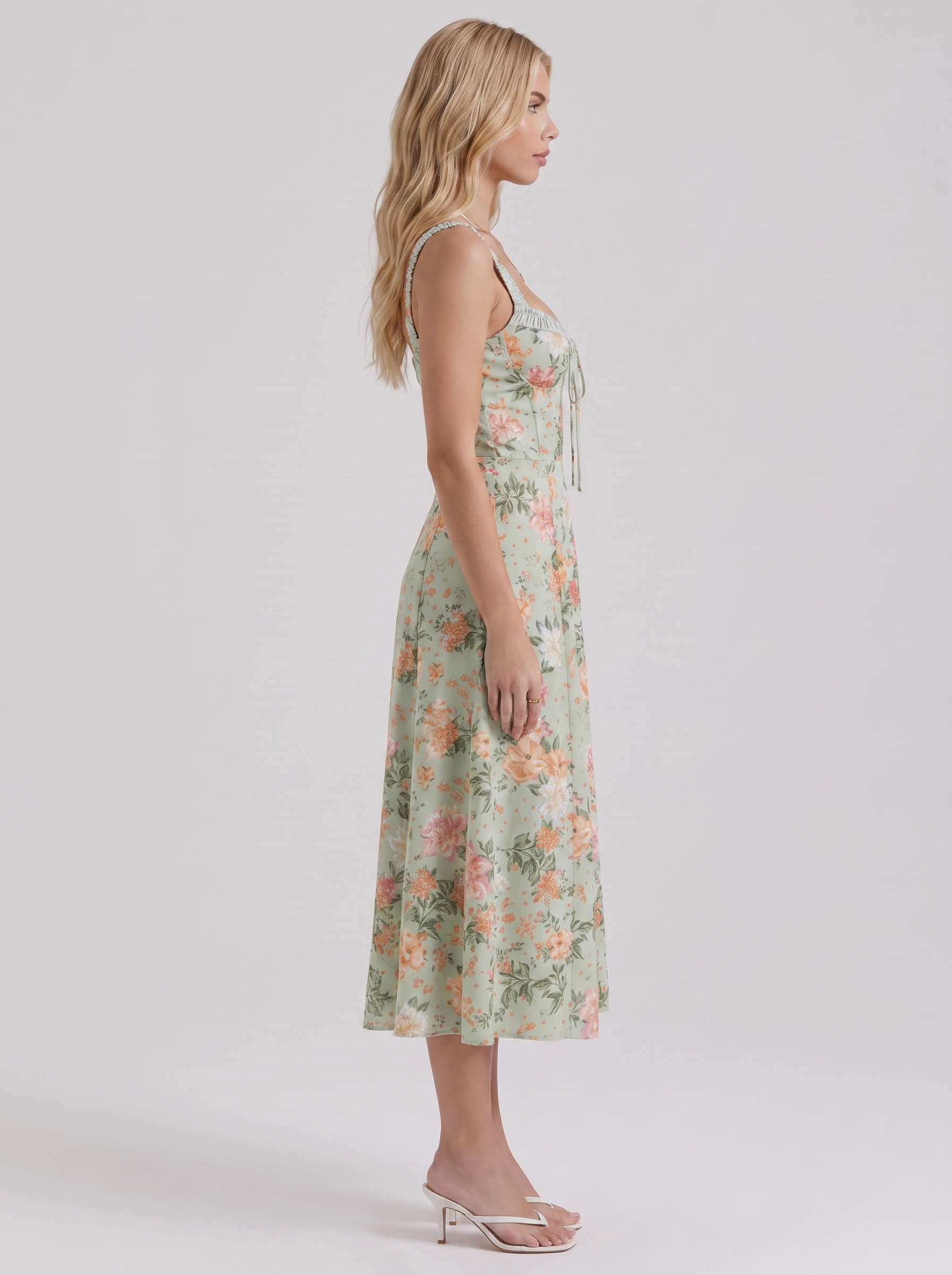 Women green midi dress with floral print and corset bodice