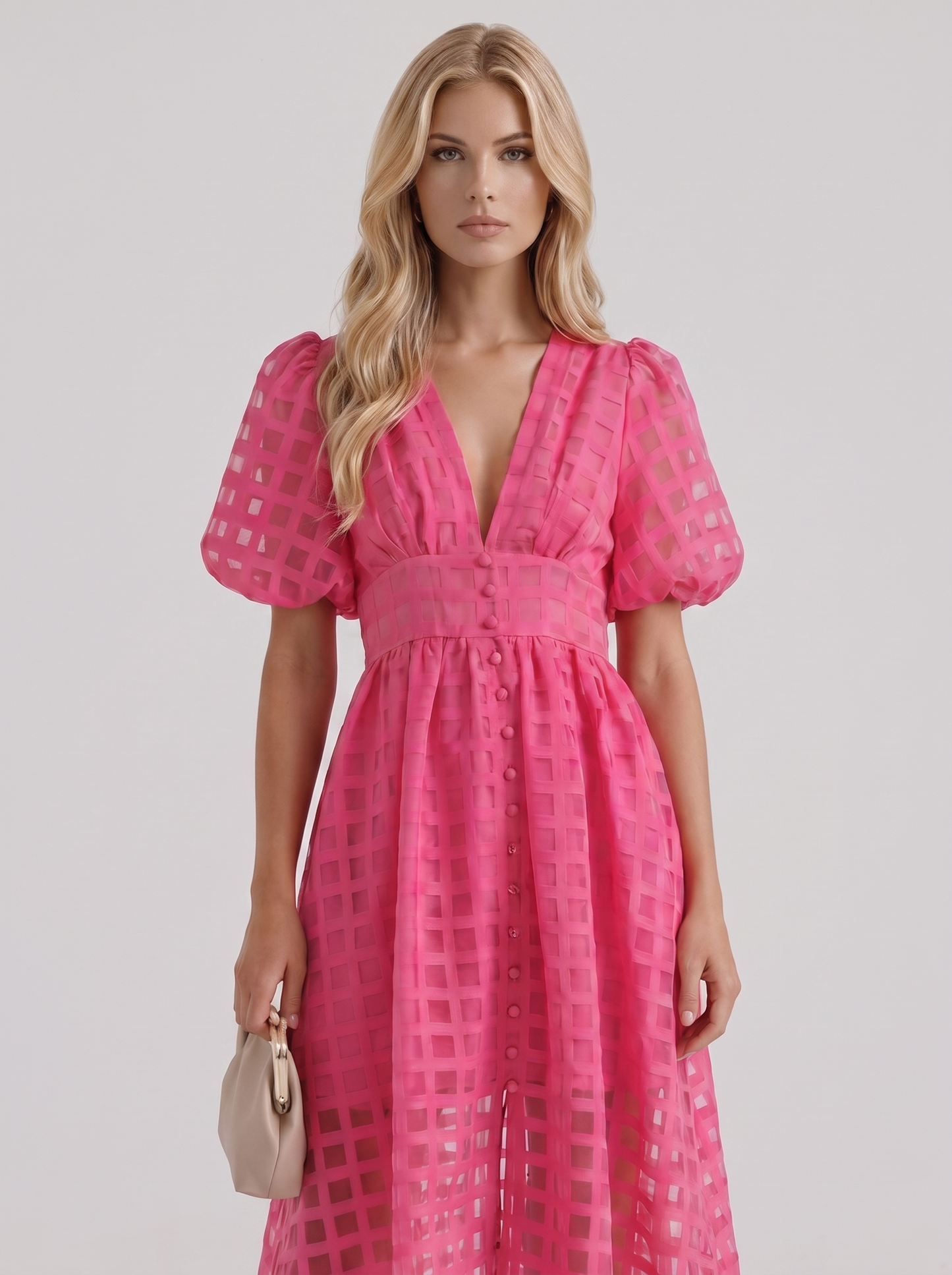 Colette Windowpane Midi Dress in Pink - midi dress front view