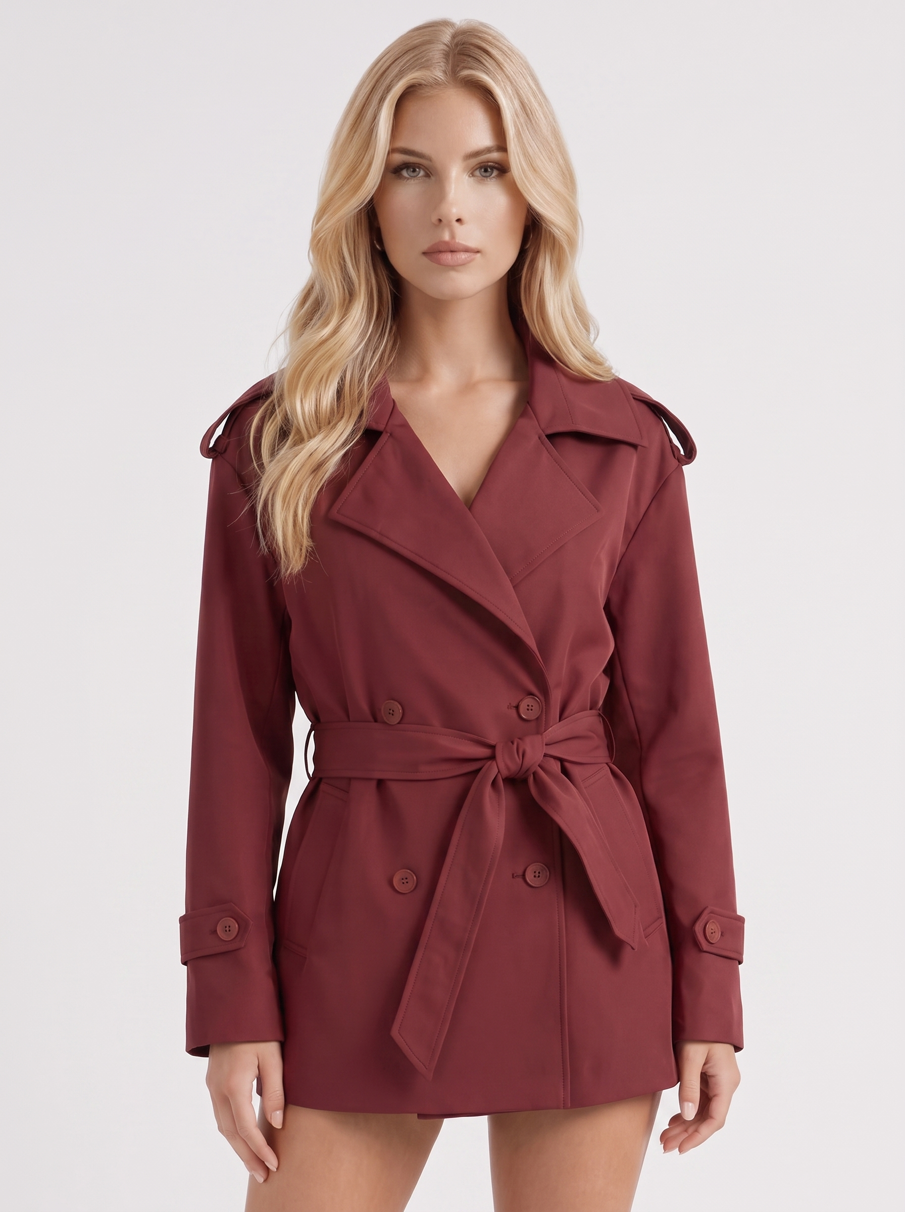 Una Belted Trench in Burgundy - coat front view