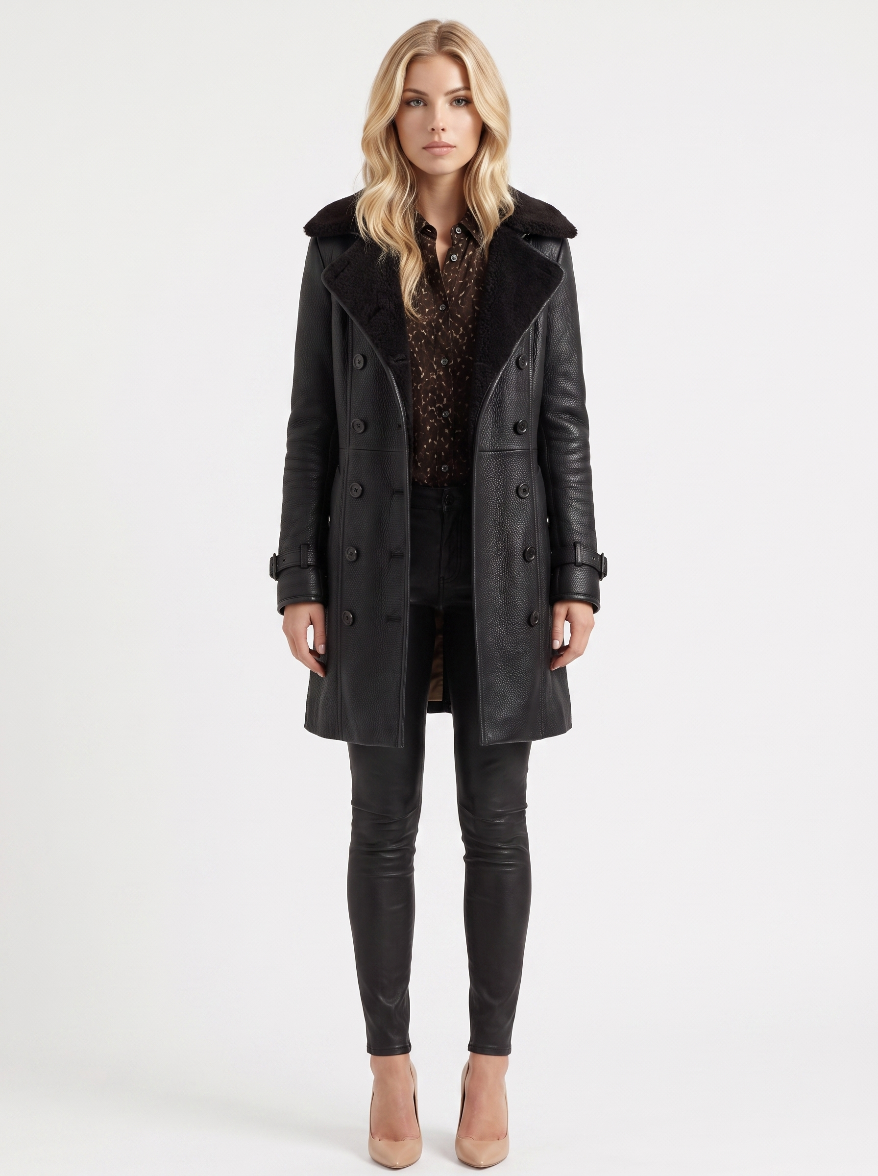 Women black coat with shearling collar and double breasted front