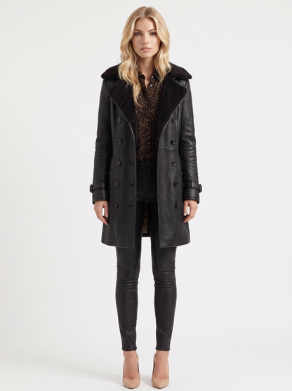 Women black coat with shearling collar and double breasted front