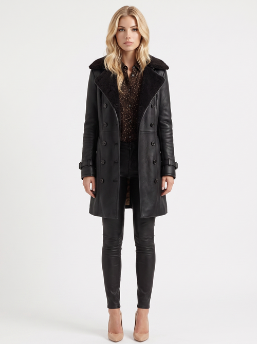 Women black coat with shearling collar and double breasted front