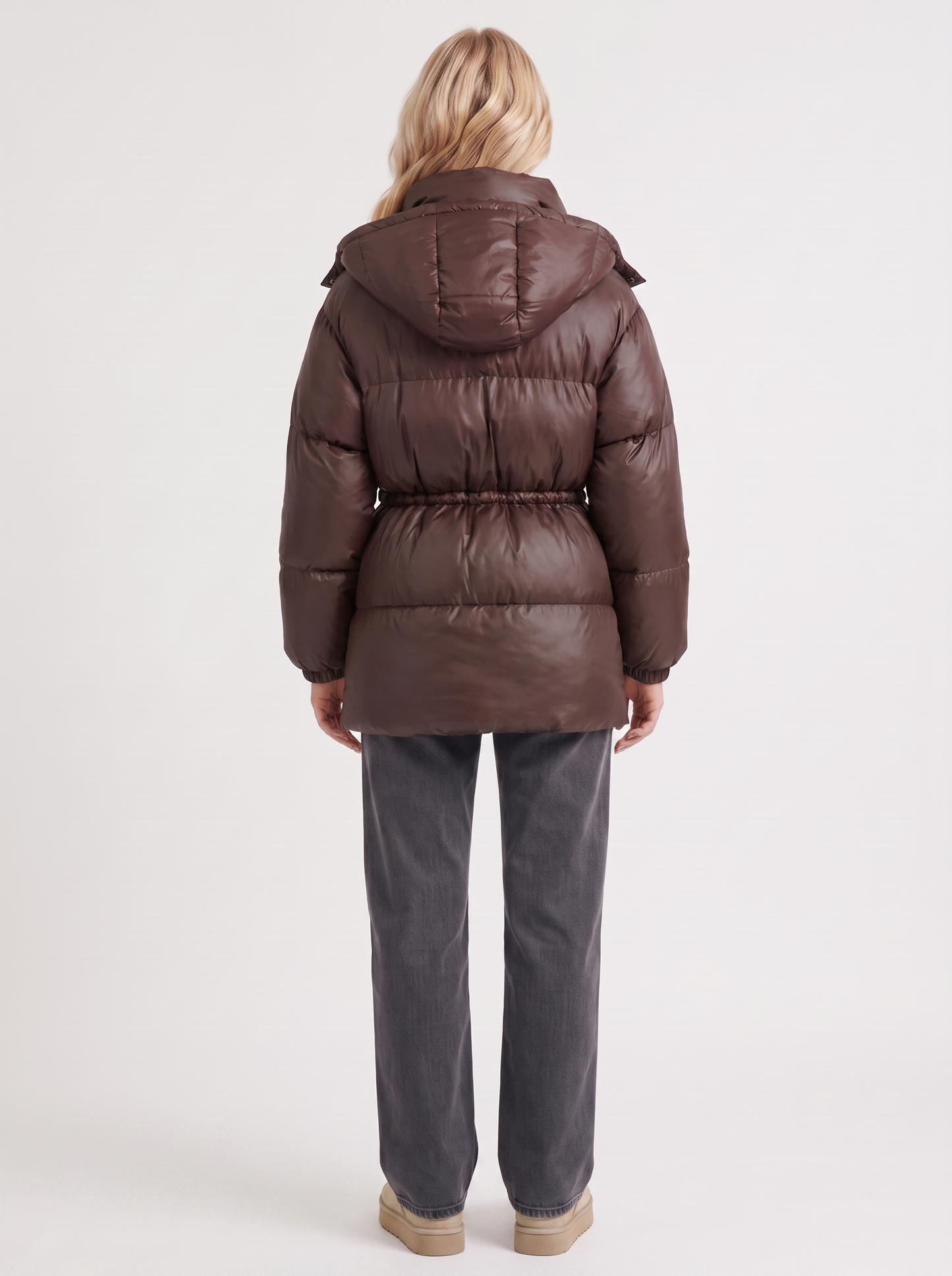 Women brown jacket with hooded design and zip front closure