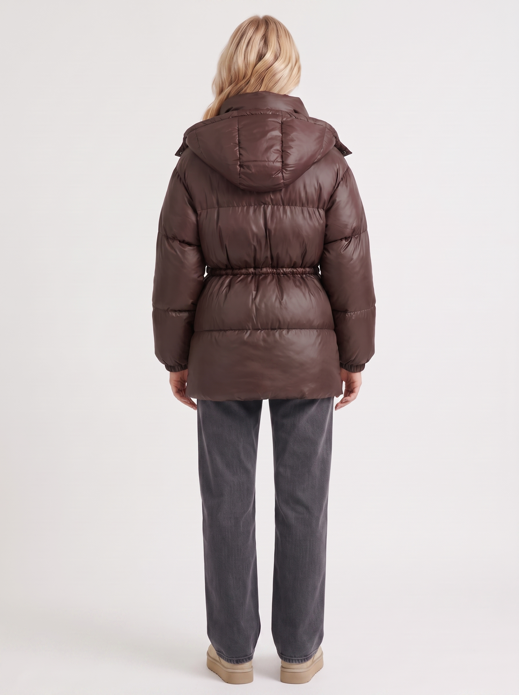 Women brown jacket with hooded design and zip front closure