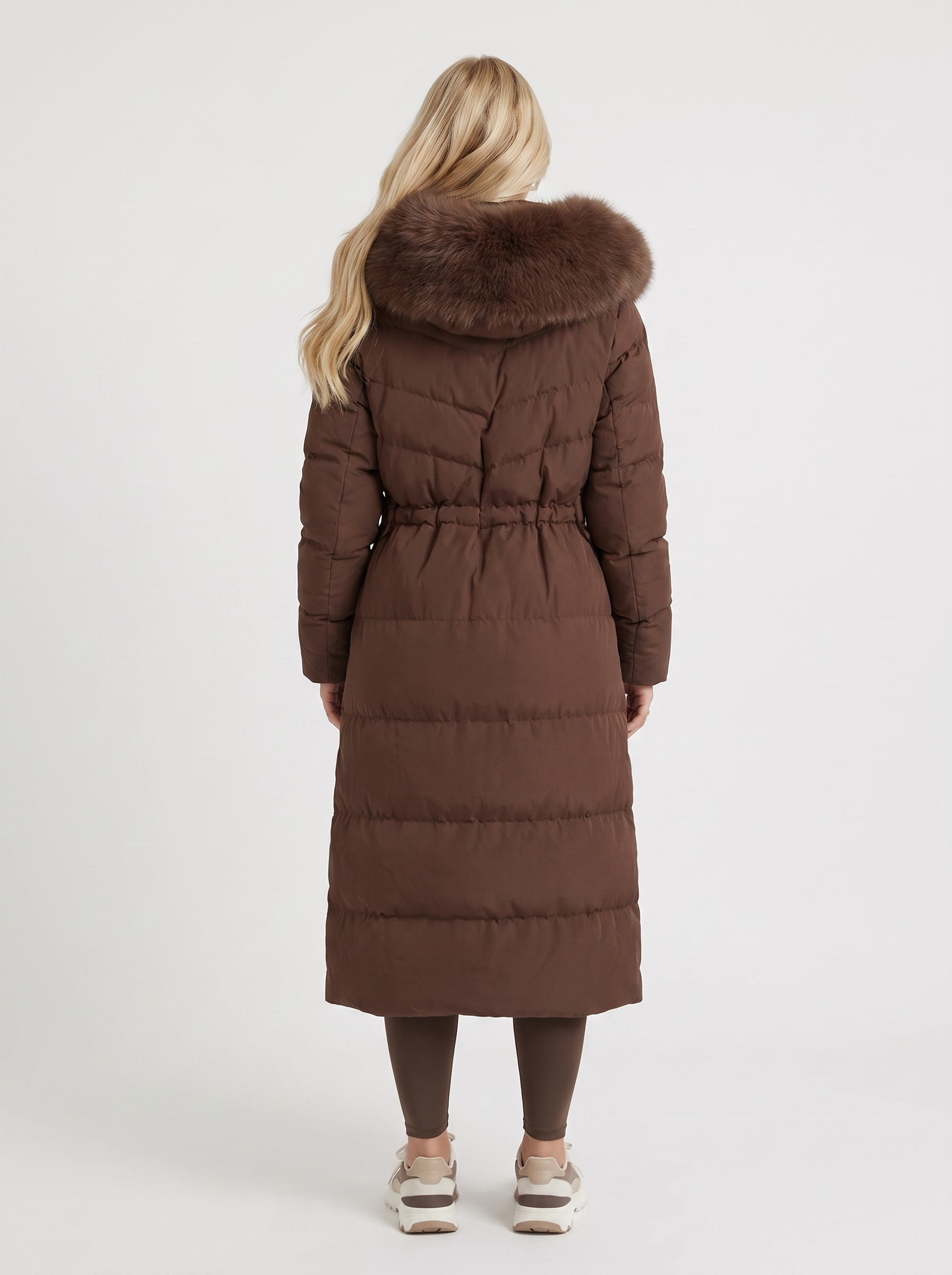 Women brown coat with fur trim hood and zip front closure
