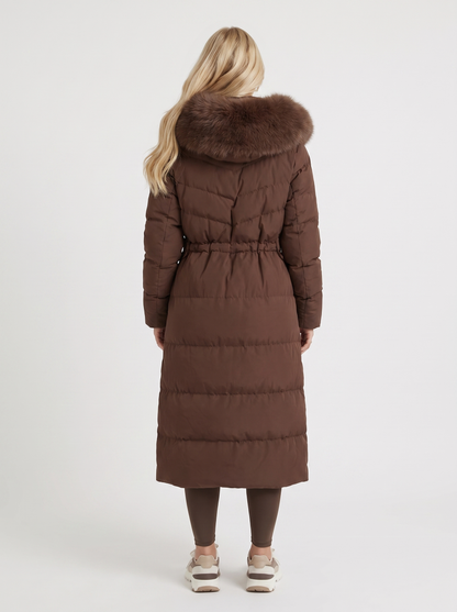 Women brown coat with fur trim hood and zip front closure