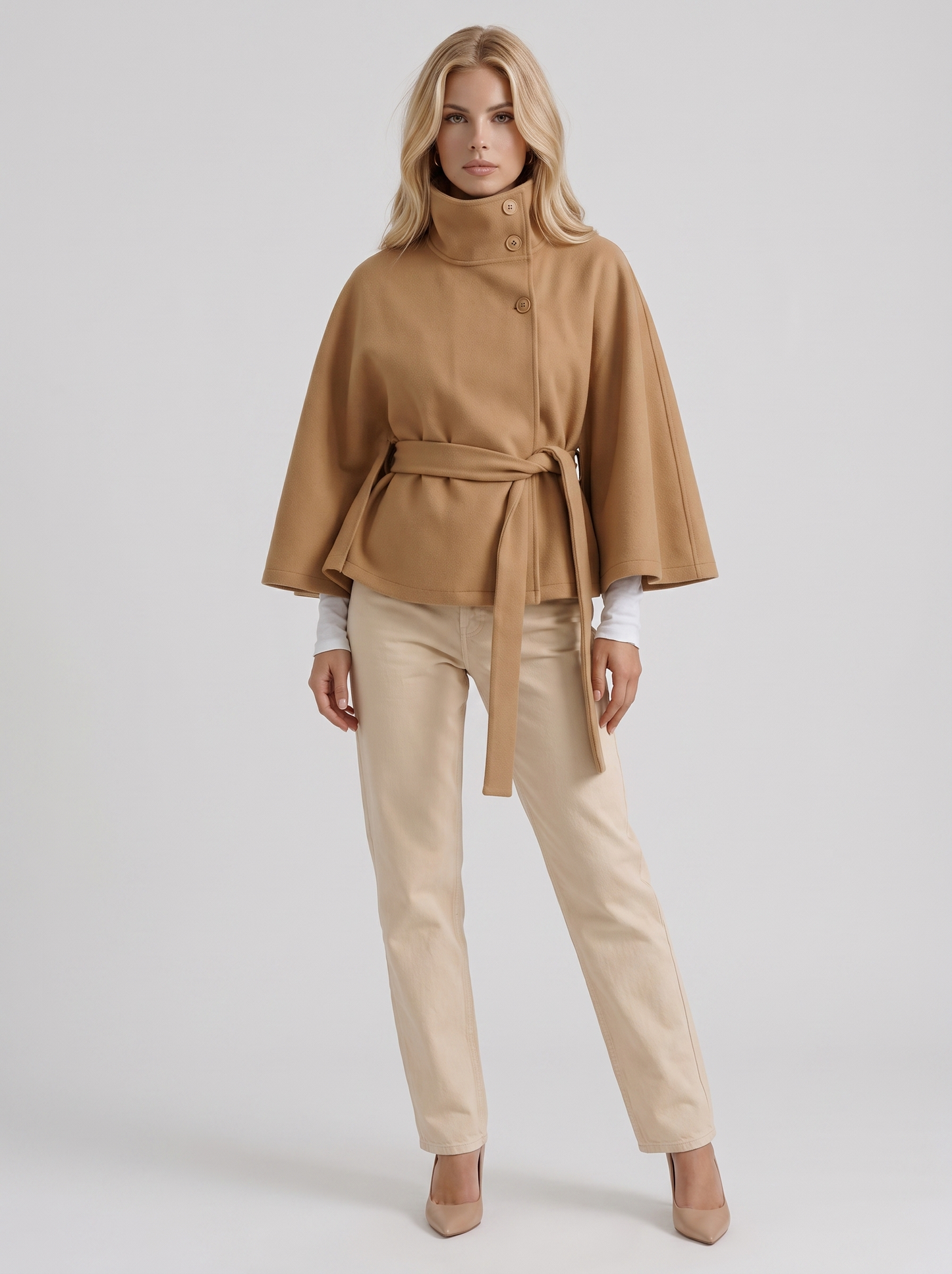 Josephine Cape Coat in Khaki - coat front view