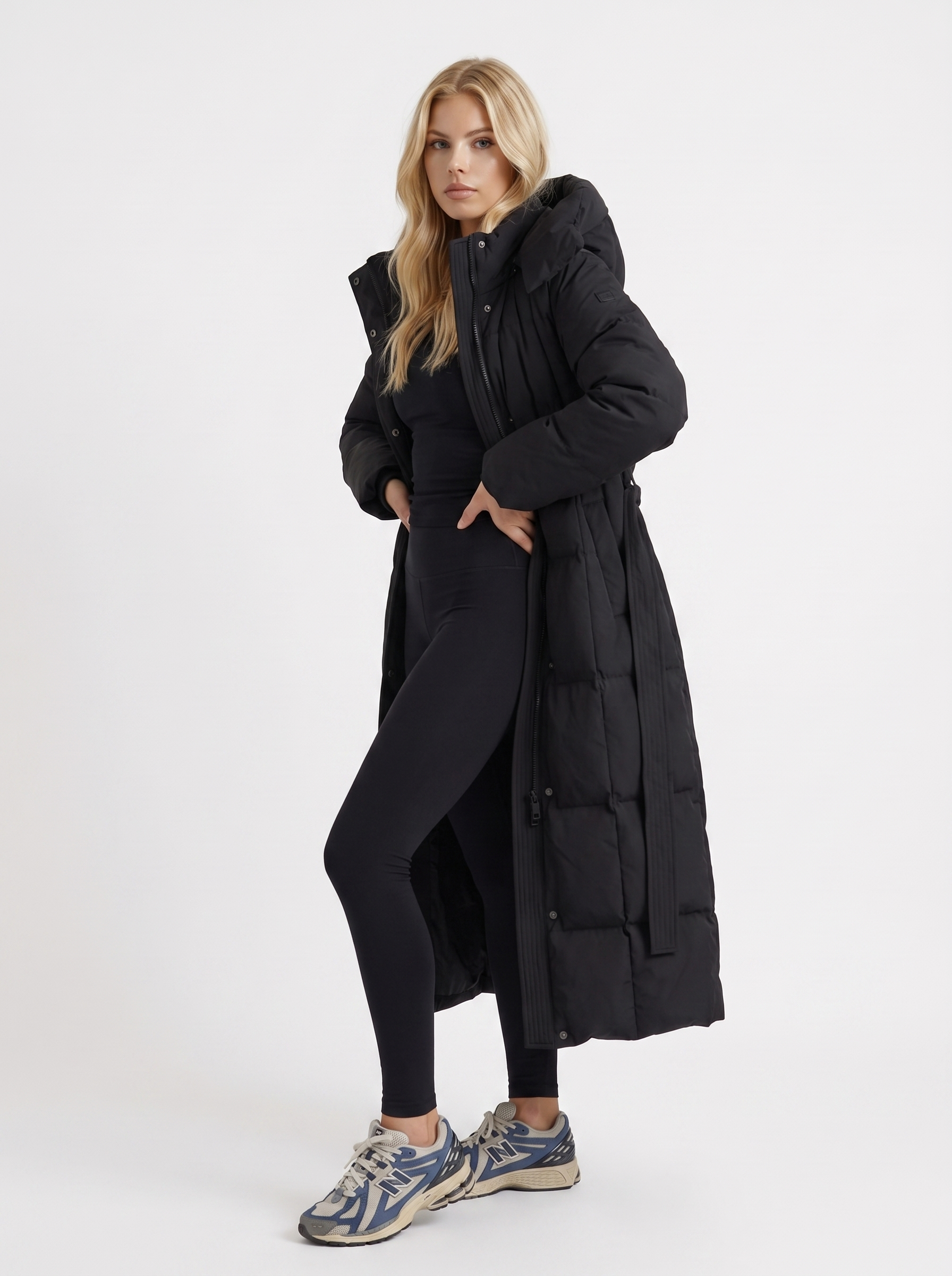 Women black coat with vertical quilting and hooded design