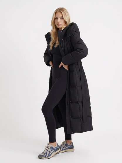 Women black coat with vertical quilting and hooded design