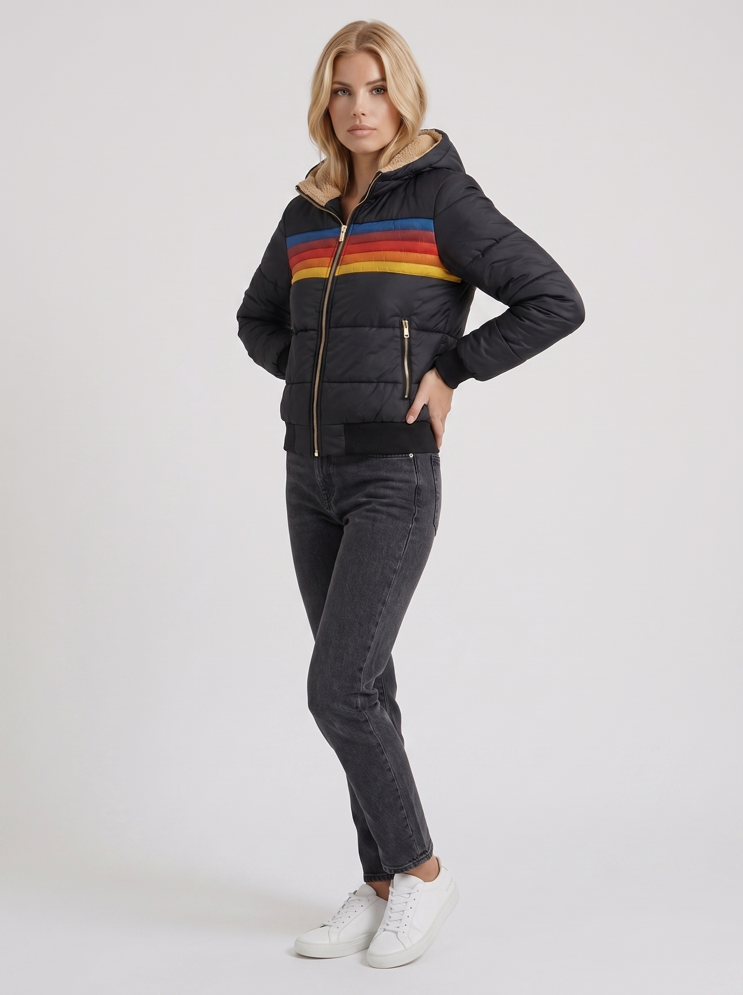 Women black jacket with sherpa lined hood and striped chest panel