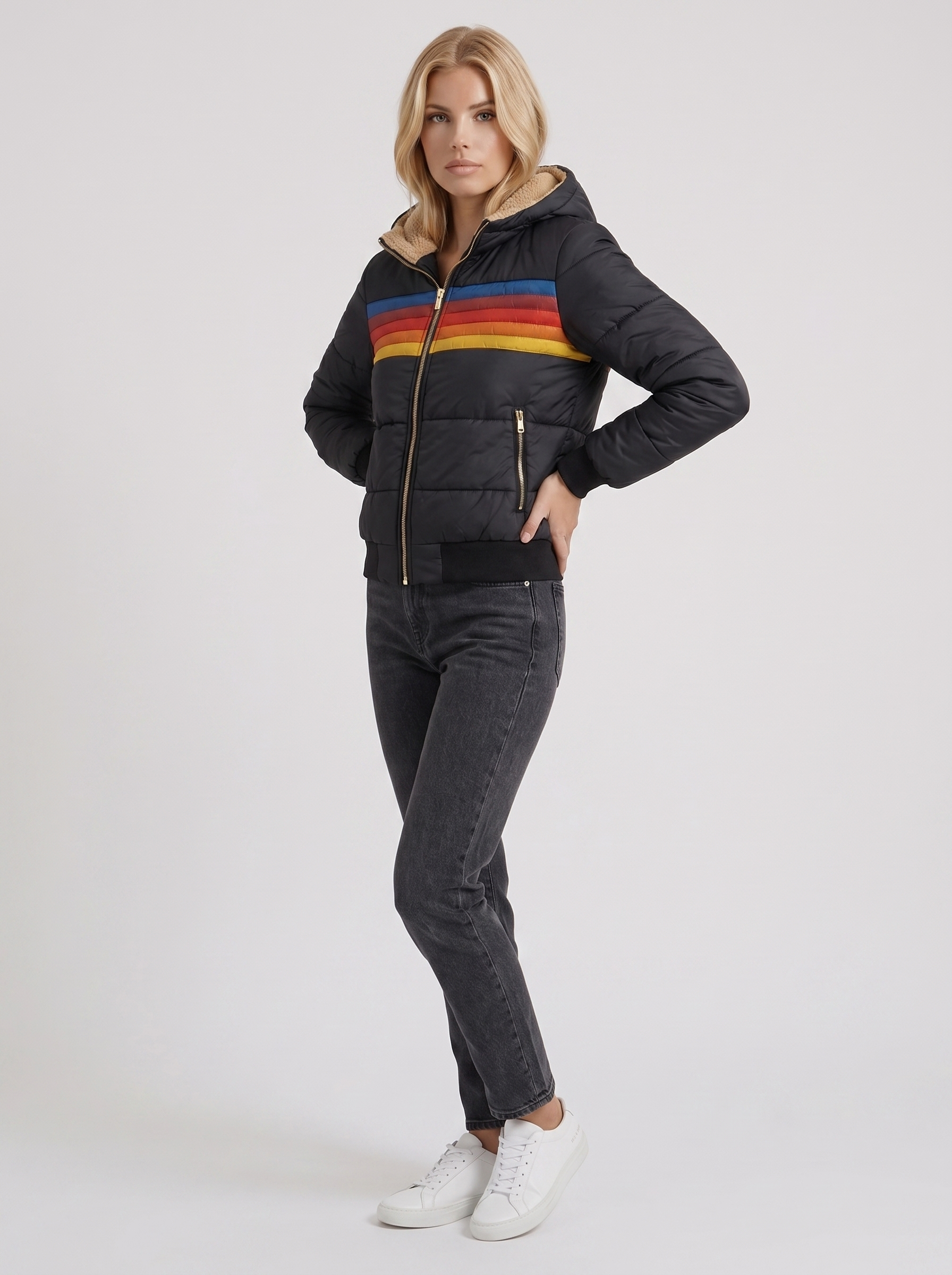 Women black jacket with sherpa lined hood and striped chest panel