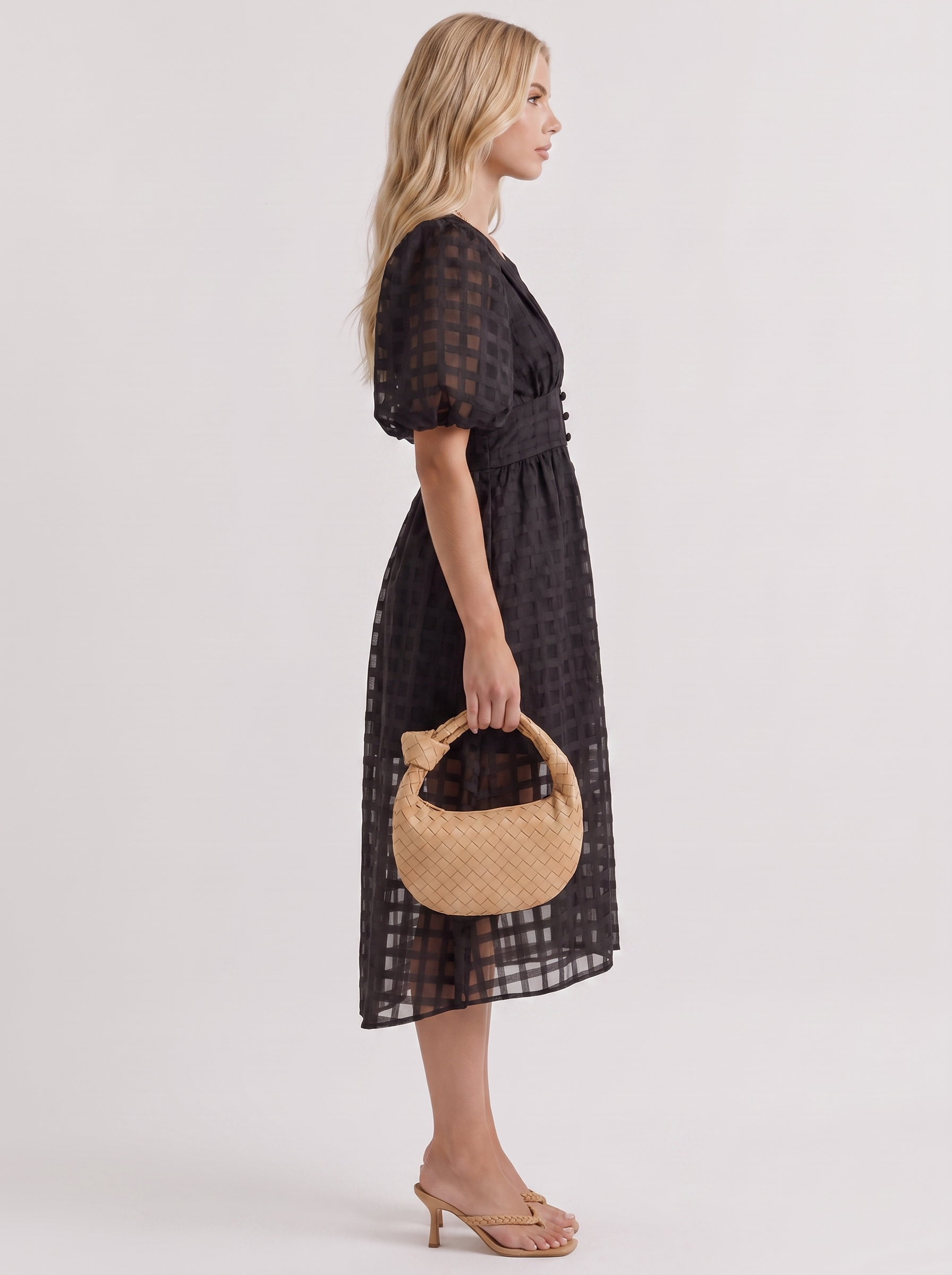 Colette Windowpane Midi Dress in Black - midi dress front view