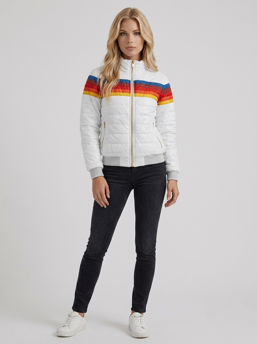 Women white jacket with sherpa lined hood and striped chest panel