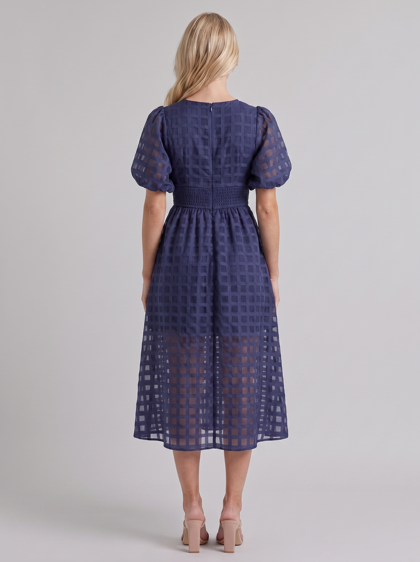 Colette Windowpane Midi Dress in Navy - midi dress front view
