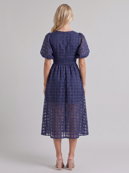Colette Windowpane Midi Dress in Navy - midi dress front view