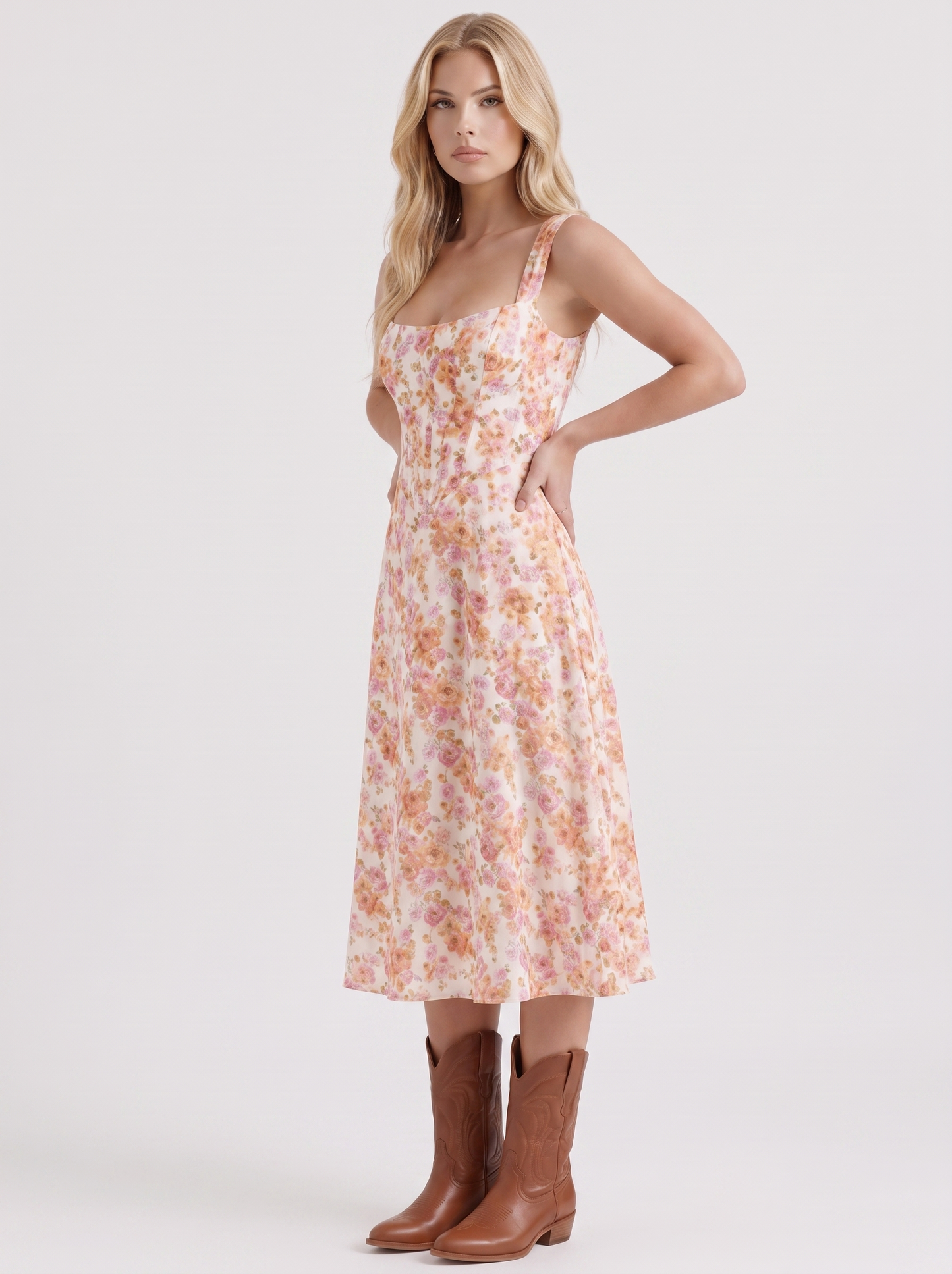 Women pink midi dress with floral print and corset bodice