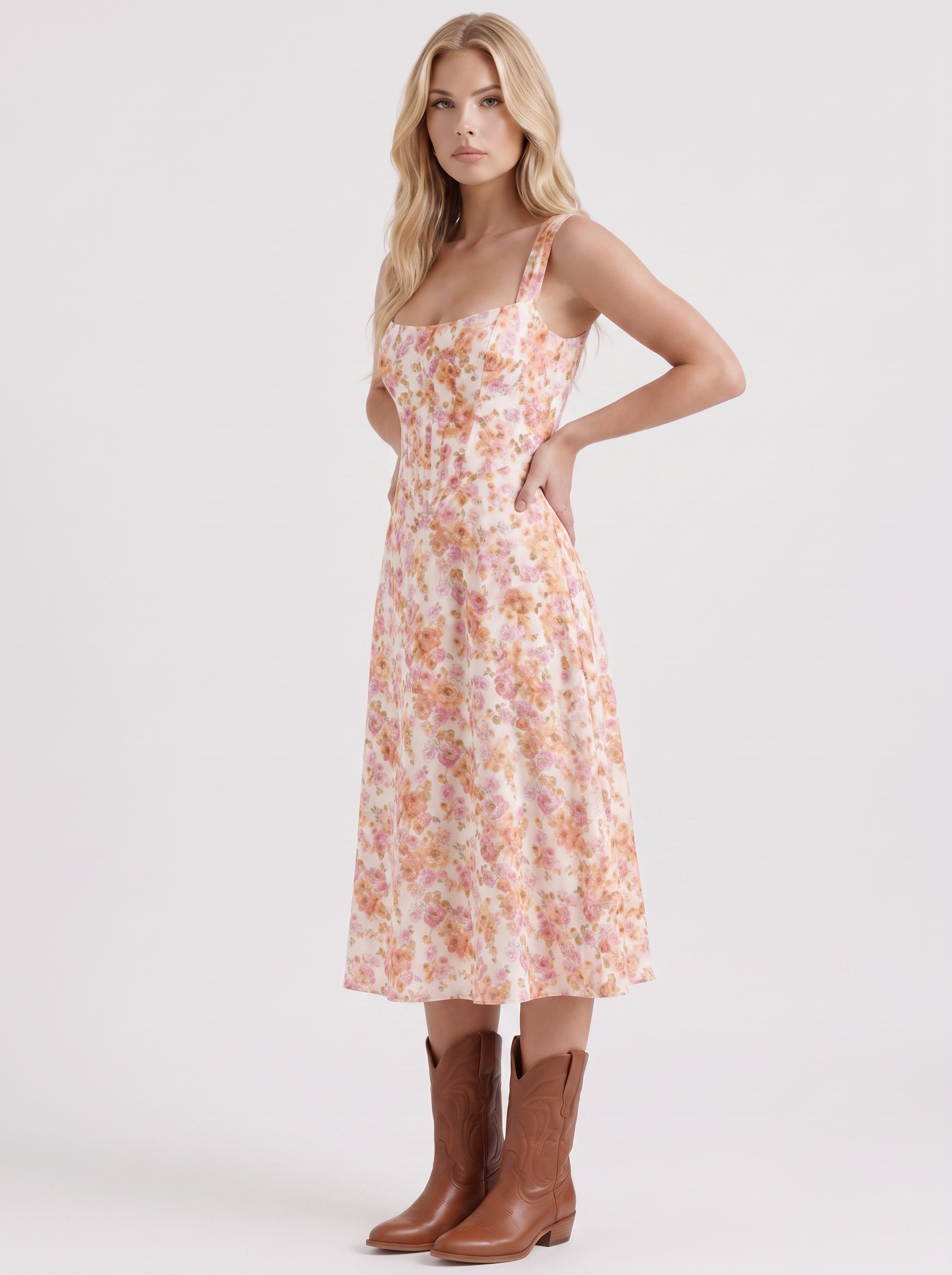 Women pink midi dress with floral print and corset bodice