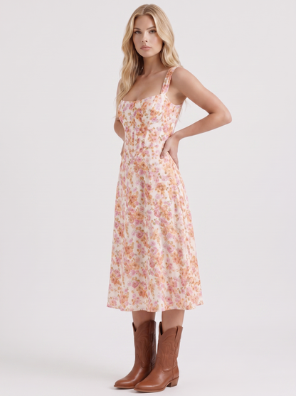 Women pink midi dress with floral print and corset bodice