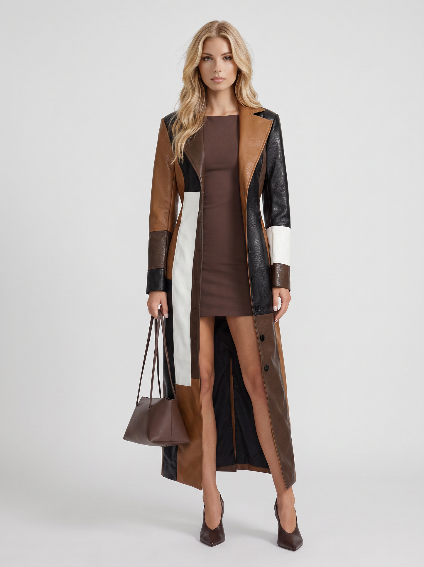 Margaux Colorblock Coat in Brown Multi - coat front view