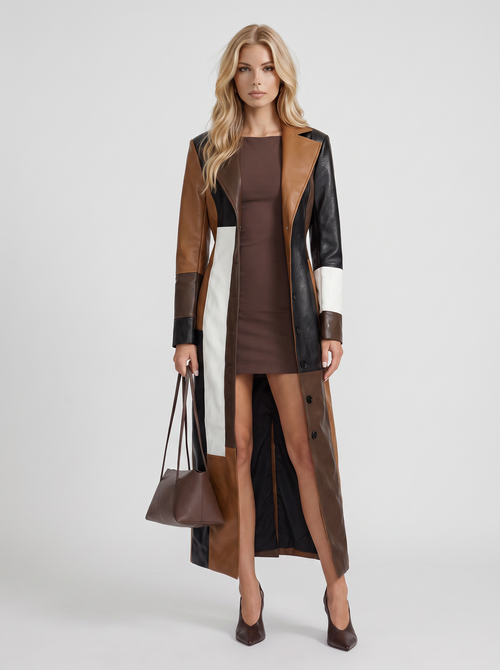 Margaux Colorblock Coat in Brown Multi - coat front view