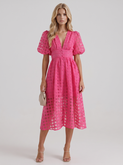 Colette Windowpane Midi Dress in Pink - midi dress front view