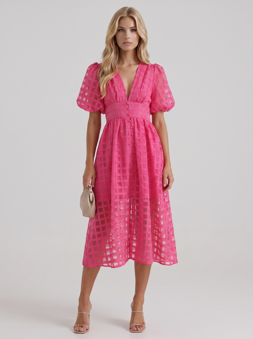 Colette Windowpane Midi Dress in Pink - midi dress front view