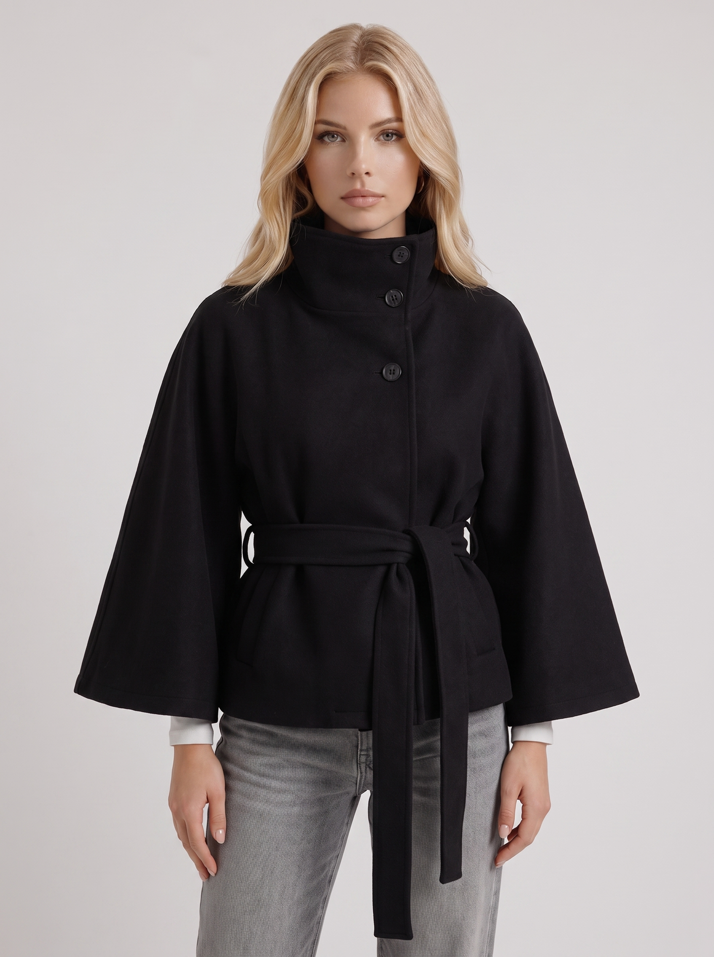 Josephine Cape Coat in Black - coat front view