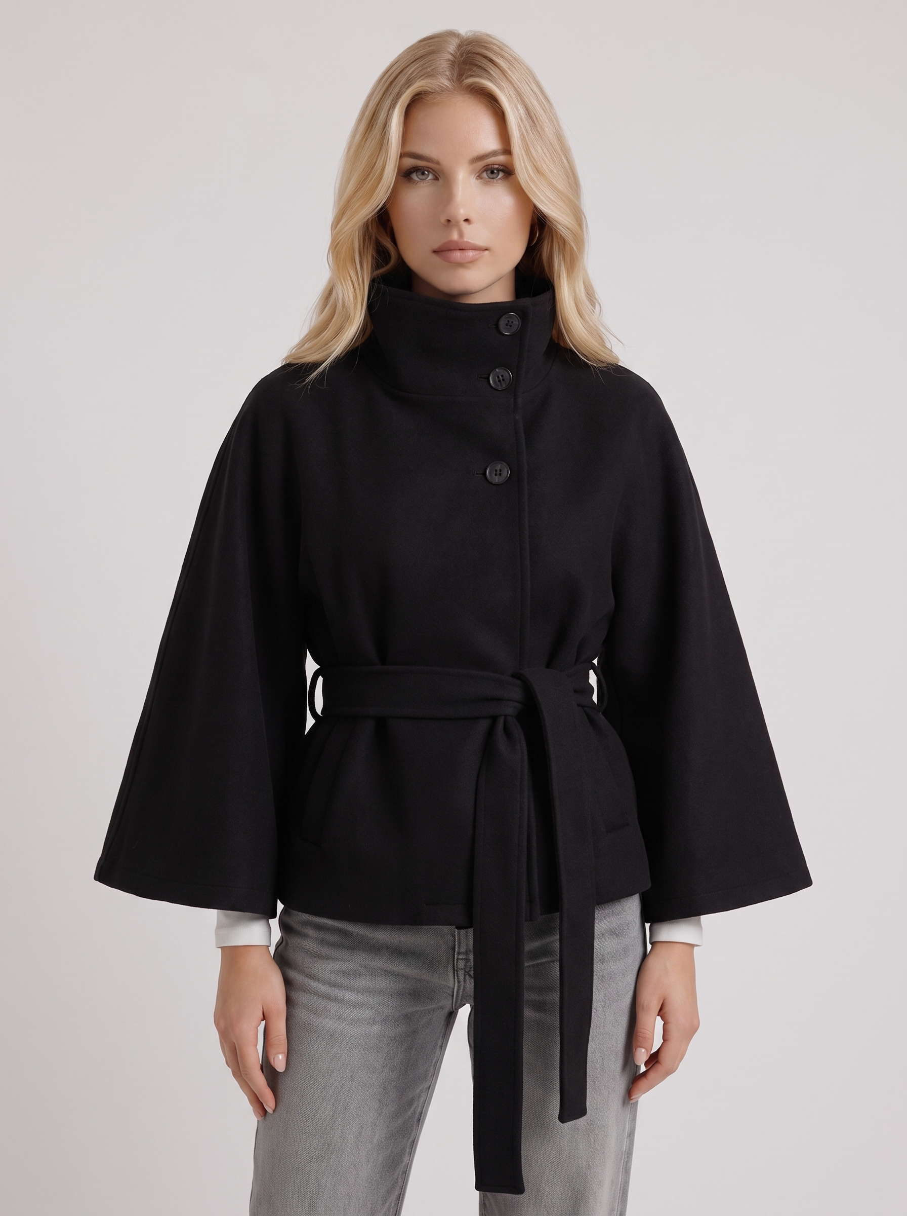 Josephine Cape Coat in Black - coat front view