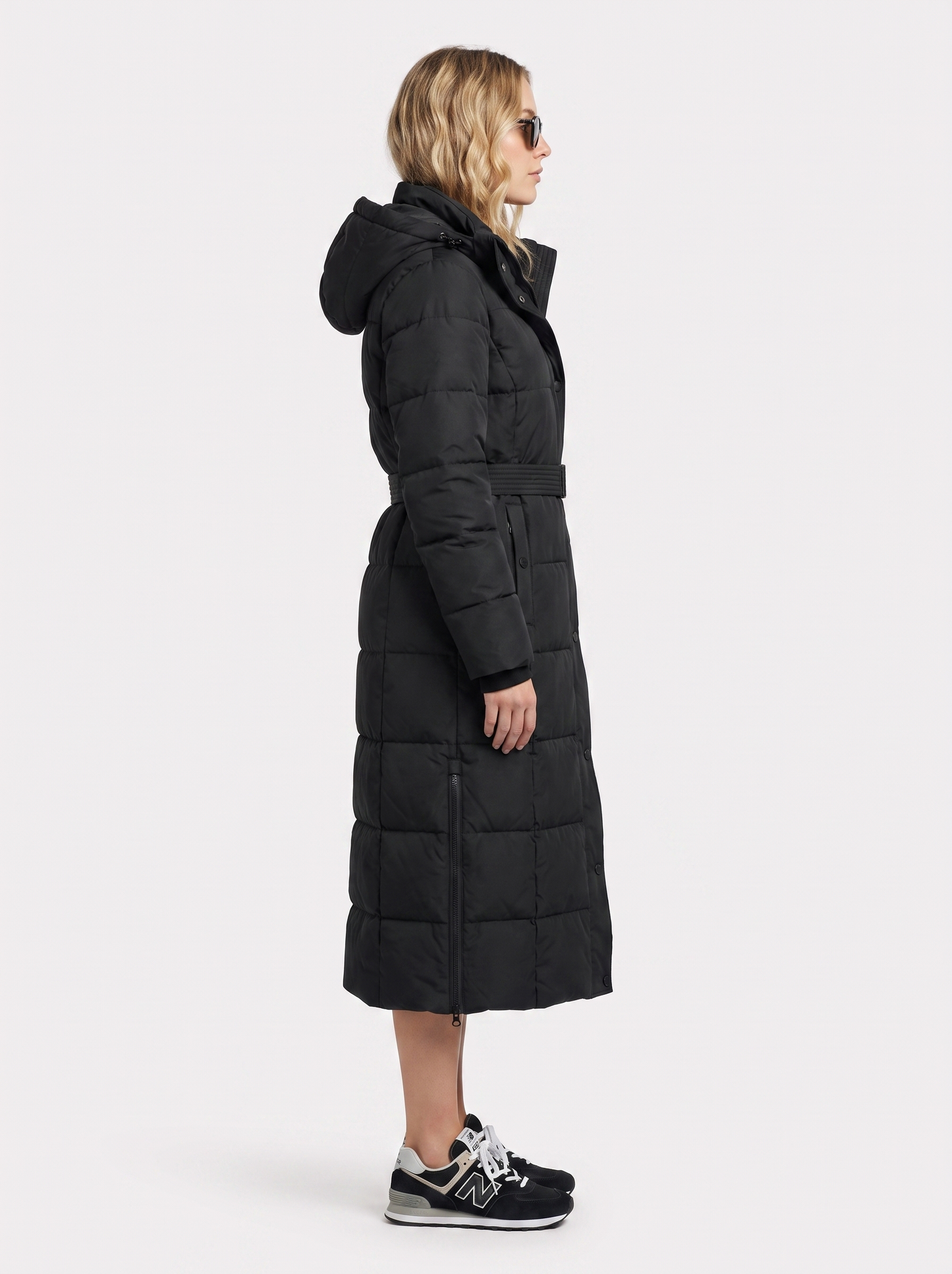 Women black coat with vertical quilting and hooded design