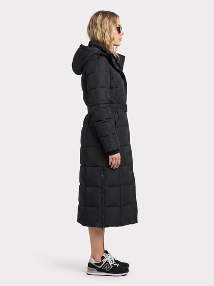Women black coat with vertical quilting and hooded design