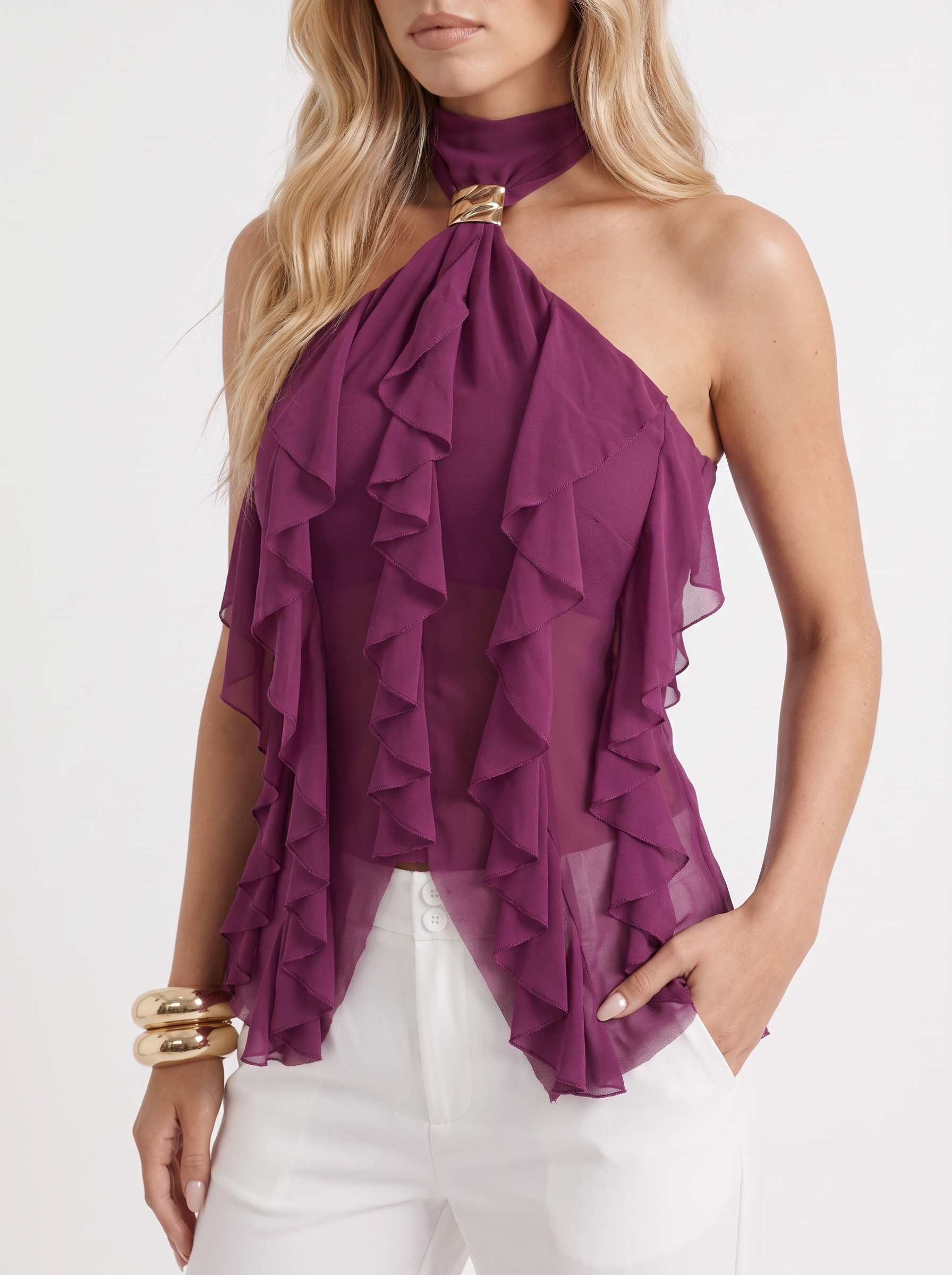 Romy Ruffle Top in Purple - top front view