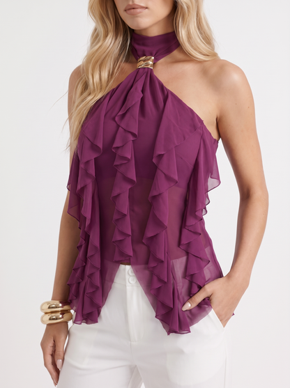 Romy Ruffle Top in Purple - top front view