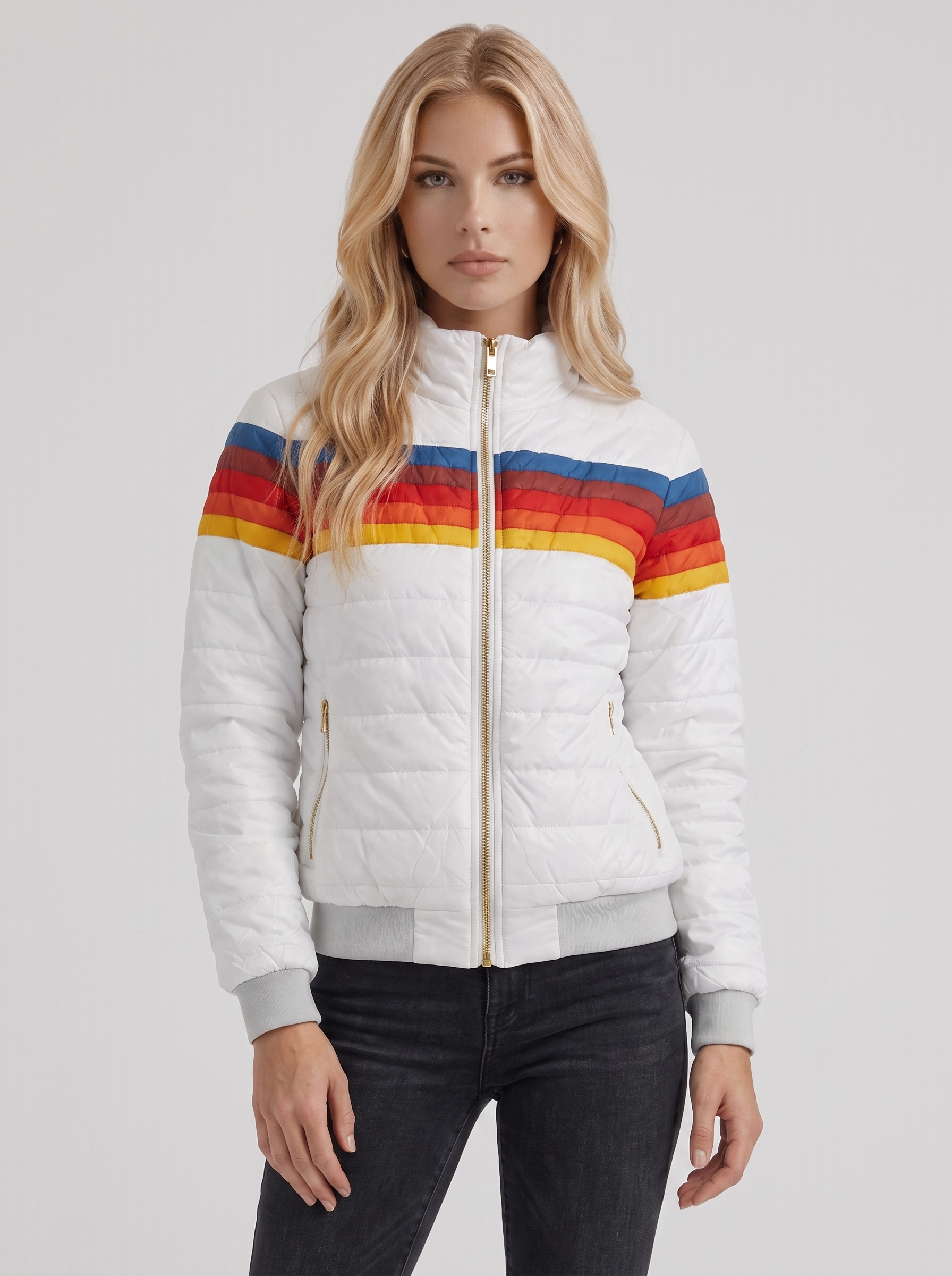 Women white jacket with sherpa lined hood and striped chest panel