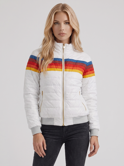 Women white jacket with sherpa lined hood and striped chest panel