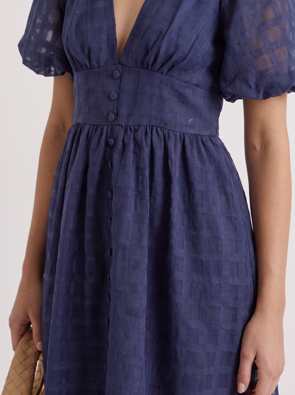 Colette Windowpane Midi Dress in Navy - midi dress front view