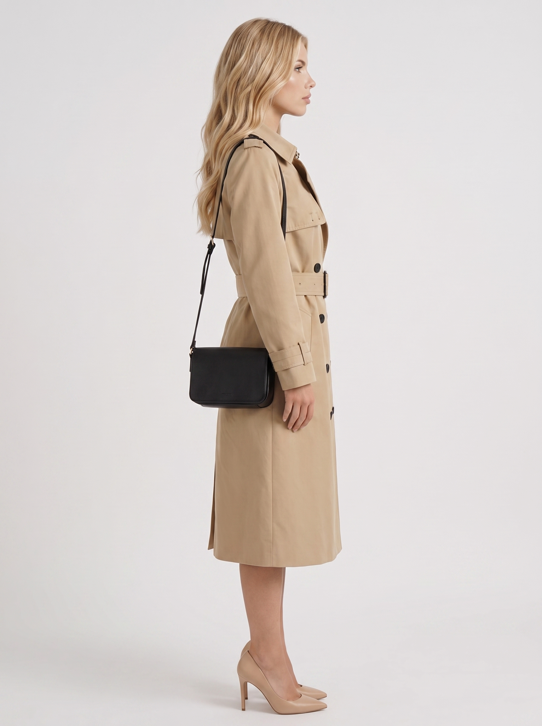 Women beige trench coat with double breasted front and collar and epaulettes